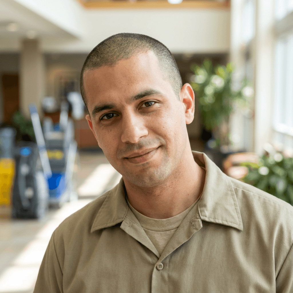 Male client in his 40s relaxed with a friendly smile