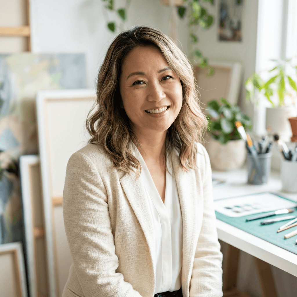 Female client in her 30s smiling in casual attire