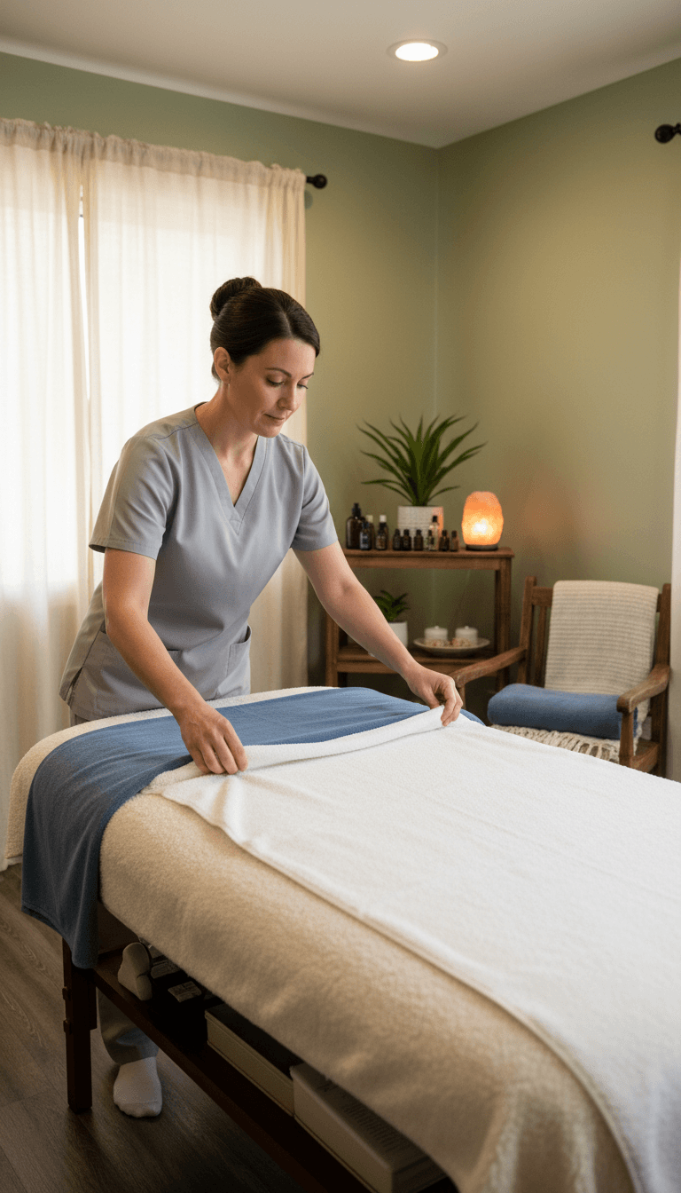 Massage therapist preparing a draped treatment table in a comfortable Toronto clinic room