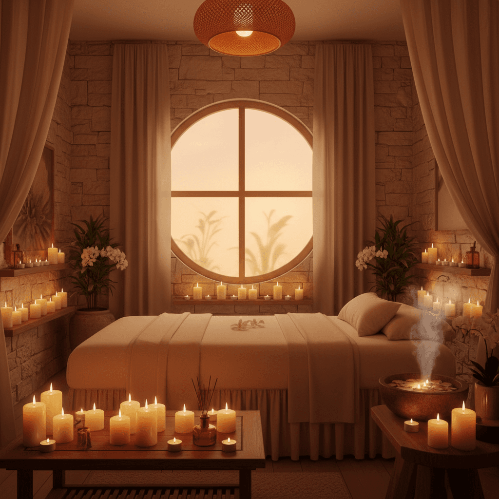 Calm massage room with soft lighting and natural decor