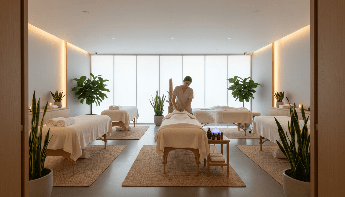 Welcoming massage therapy studio interior with a comfortable treatment table and soft lighting