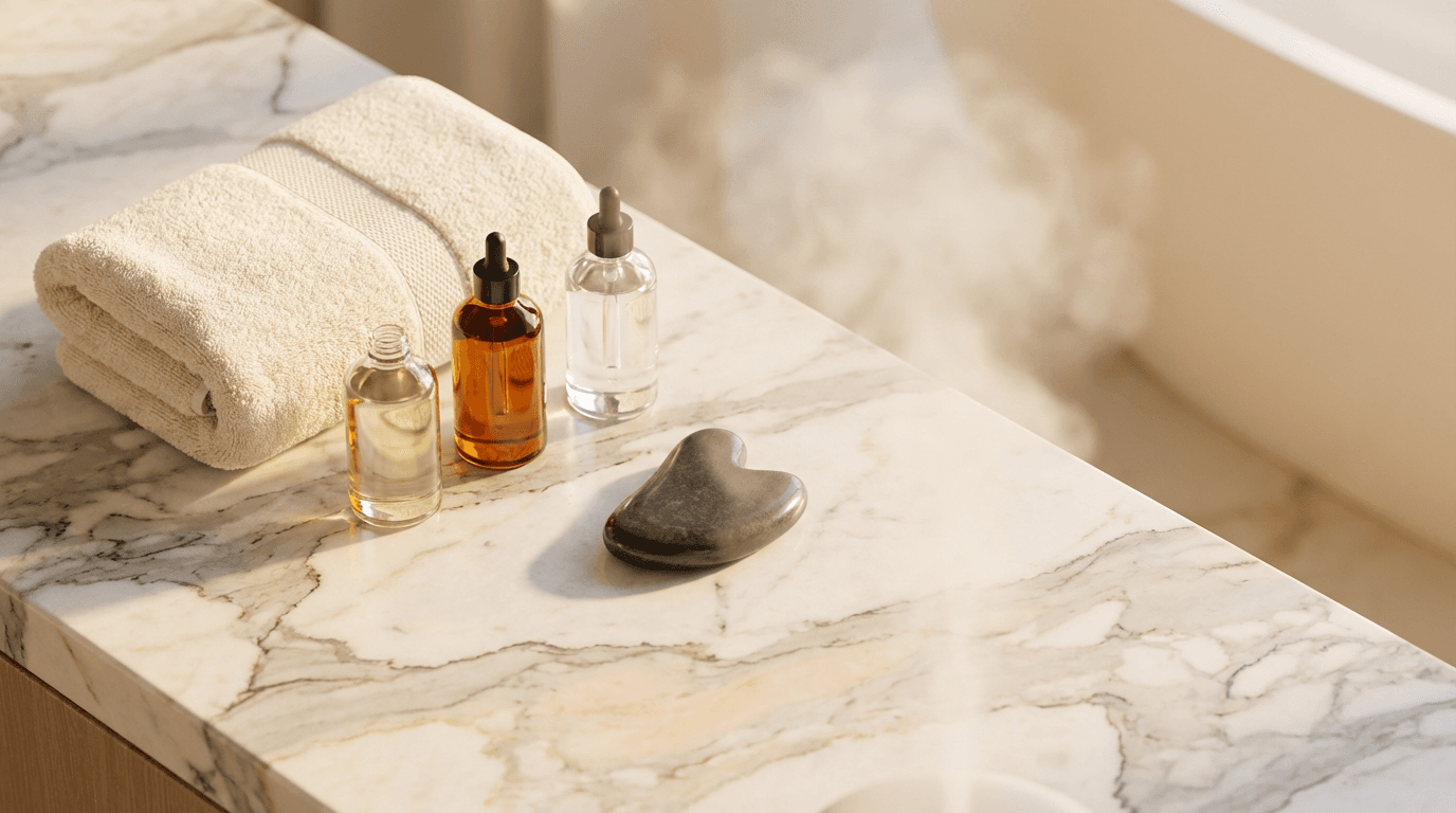 Candles and rolled towels on a wooden table in a serene wellness setting