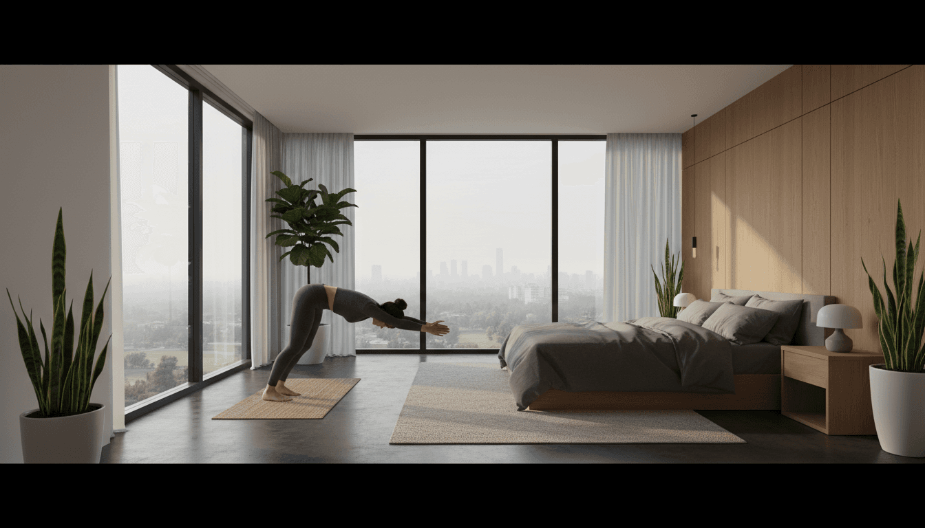 Person doing gentle stretching on a yoga mat in a bright home interior