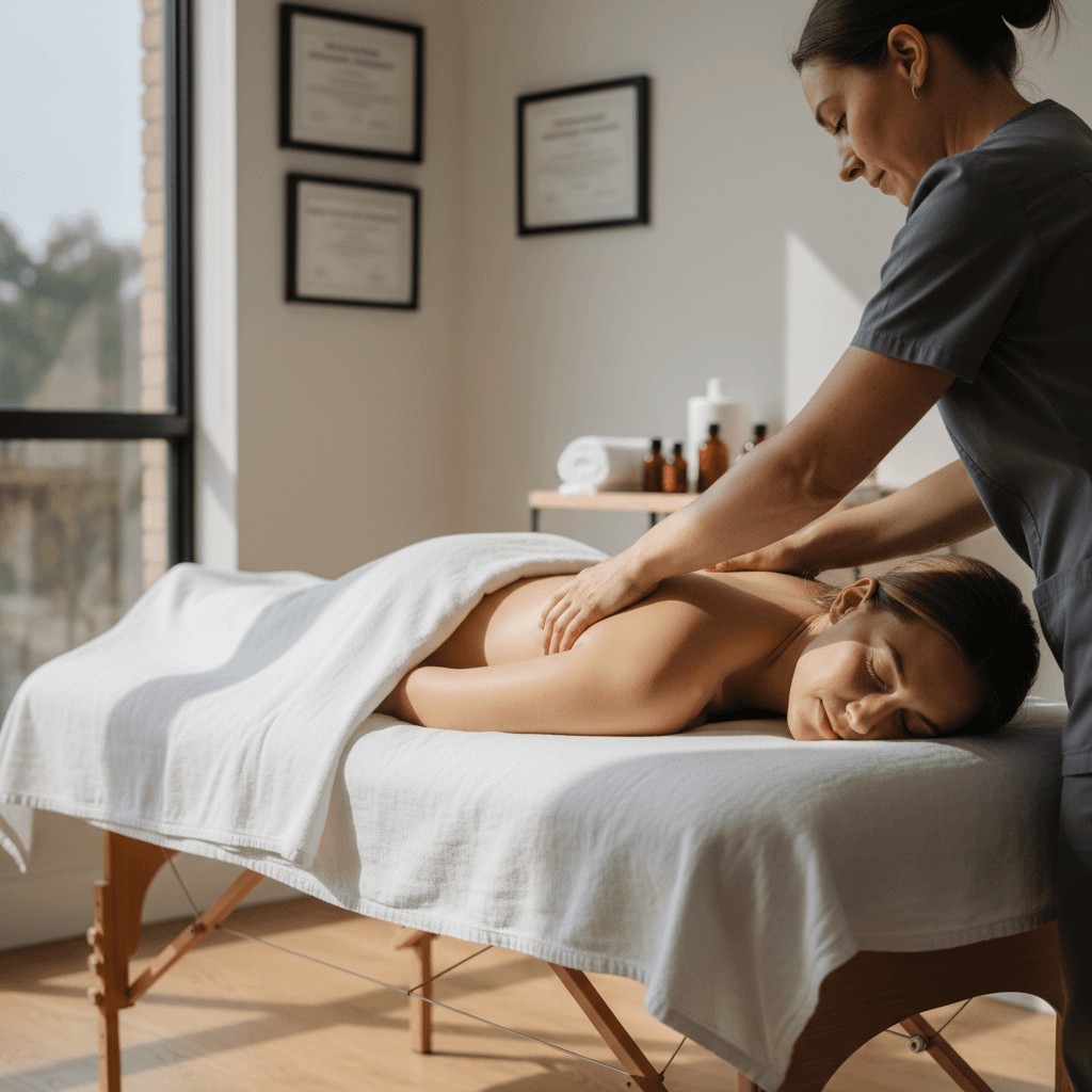Client relaxing during a personalized massage therapy session in a modern Toronto clinic