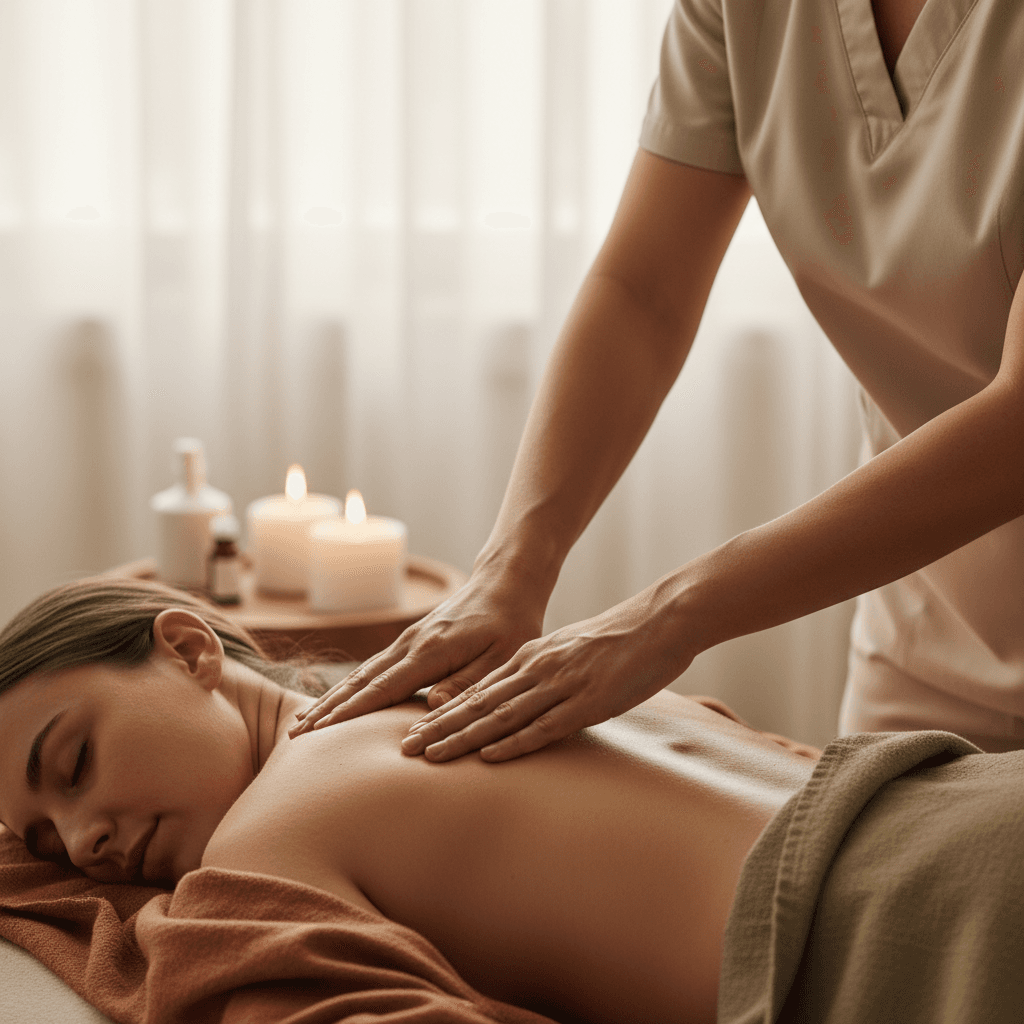 Massage therapist working on a client's back in a calm spa room