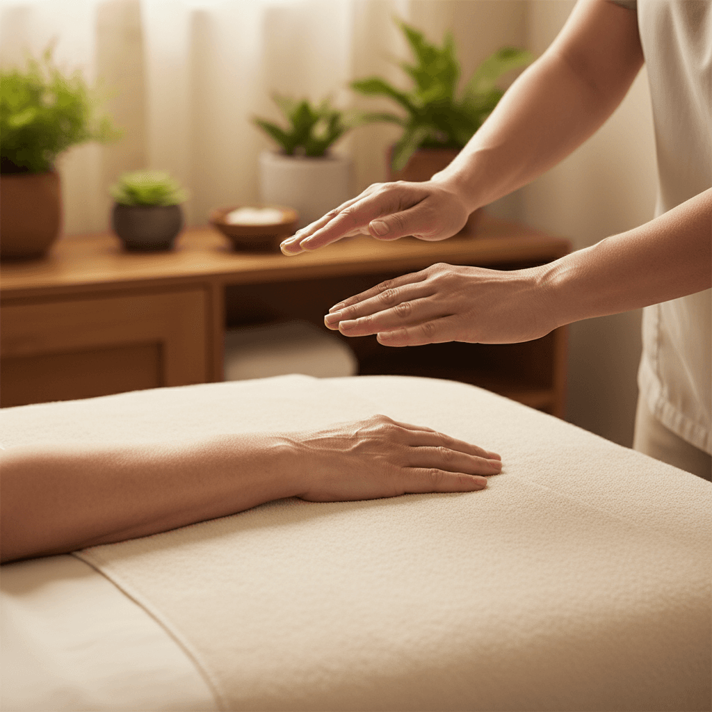 Client relaxing during a massage session in a calm, welcoming room